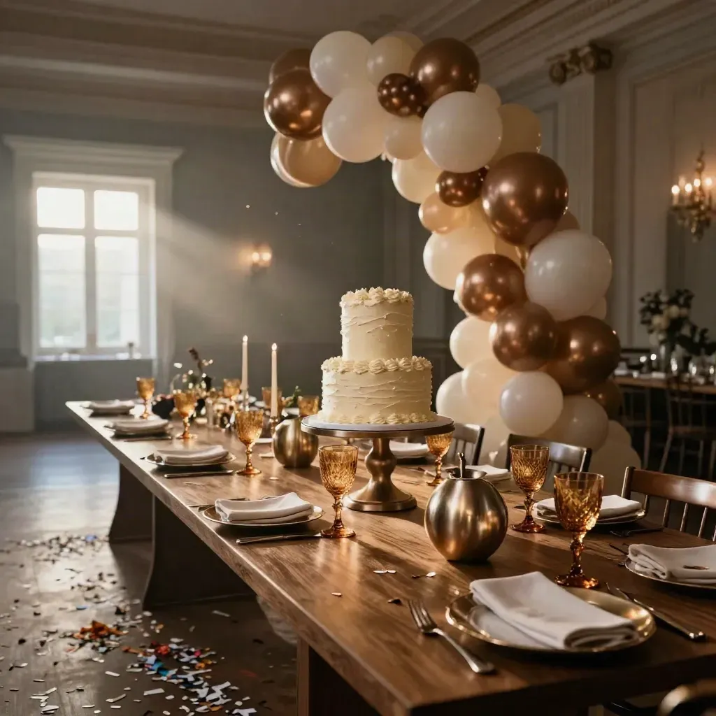 Montaje de fiesta de 50 años con tarta elevada, globos sobrios y vajilla ámbar.