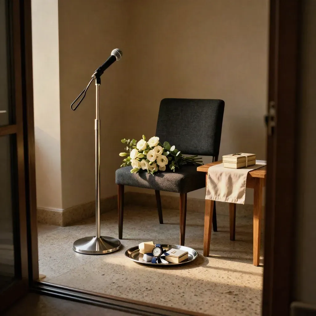 Sala pequeña con homenaje de jubilación: micrófono, silla vacía, flores sobrias y detalles de recuerdo.