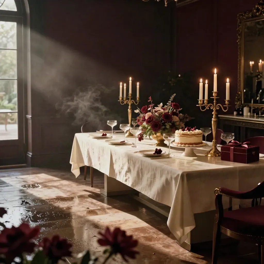 Salón elegante para un 25.º aniversario con mesa de mármol, velas, flores y tarta bajo luz dramática.