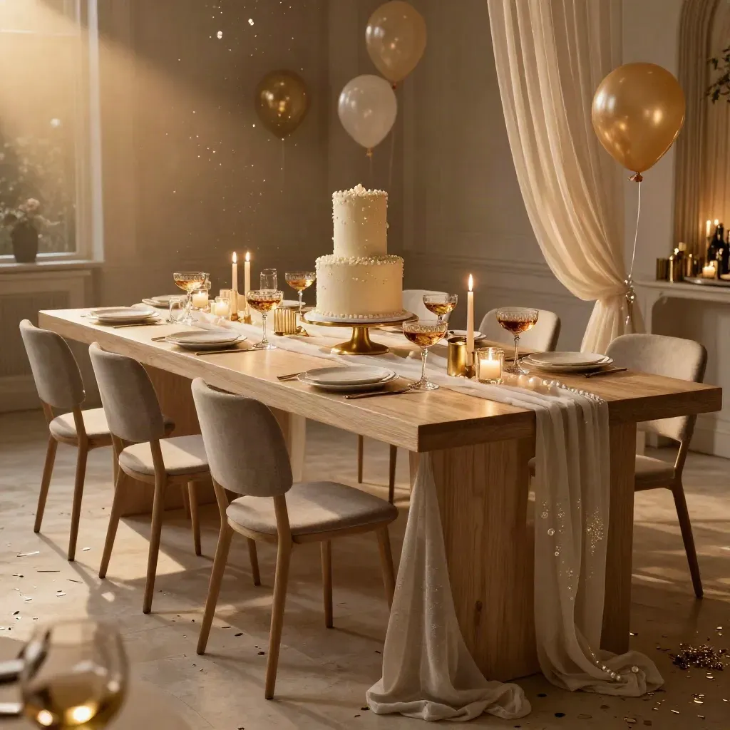 Sala lista para un 50 cumpleaños con tarta alta, copas, globos sutiles, luces ámbar y confeti dorado.