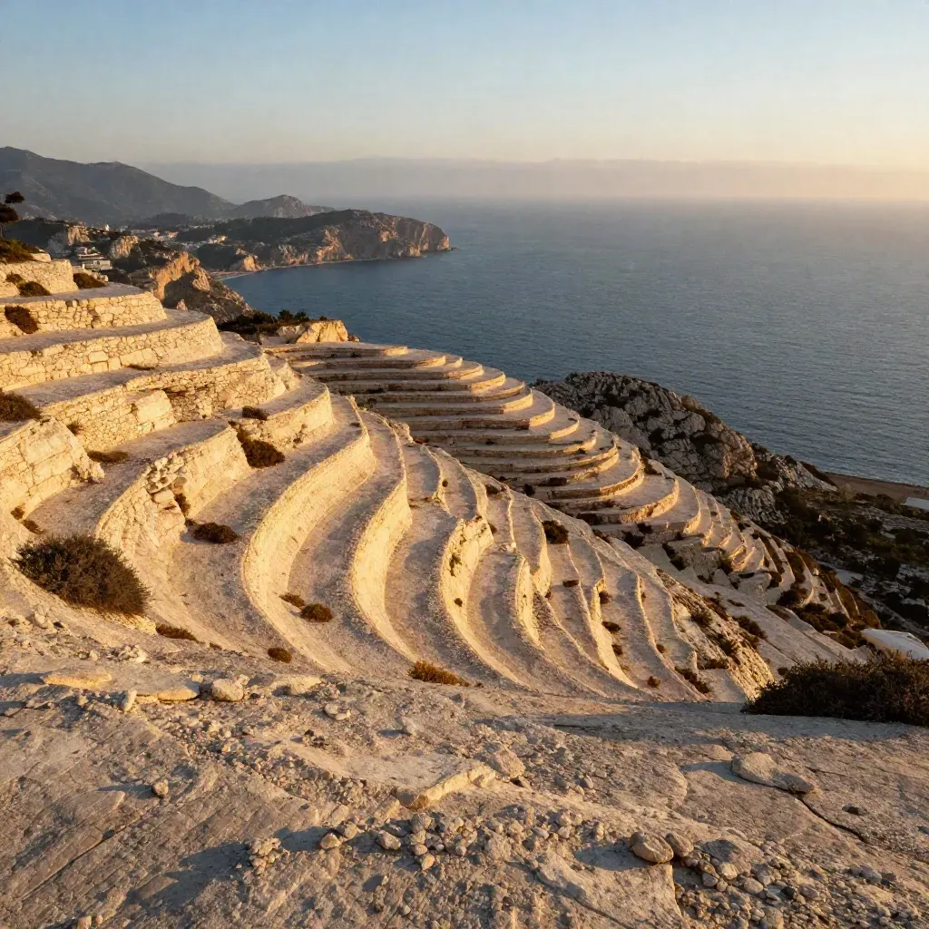 Costa de Málaga al atardecer, laderas claras y mar azul envueltos en bruma dorada.